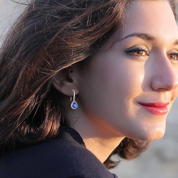 Halo Teardrop Dangle Earrings – Sterling Silver Created Sapphire NWT - Picture 4 of 7